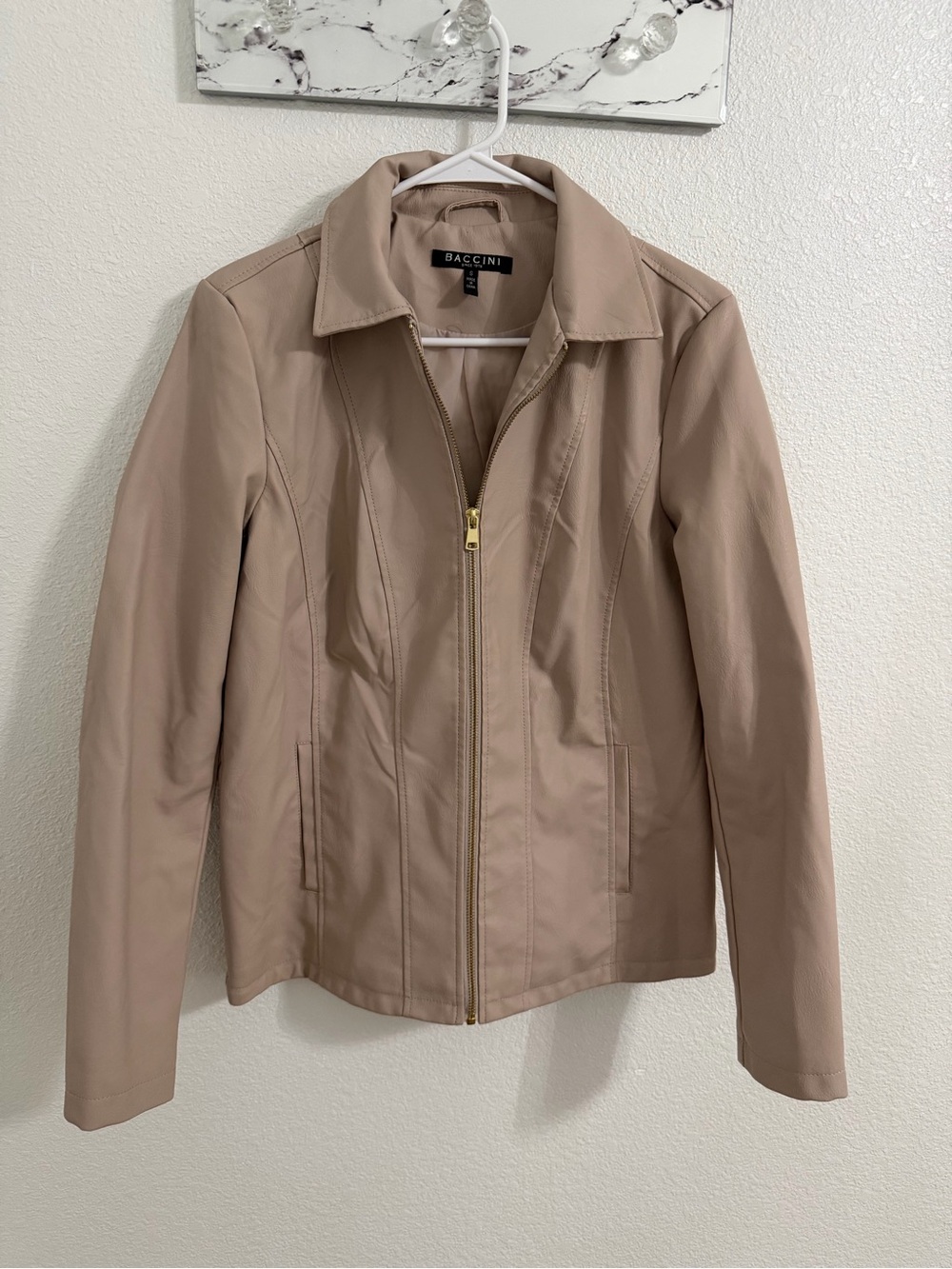 Baccini Women's Taupe Beige Zip-Front Leather Jacket
